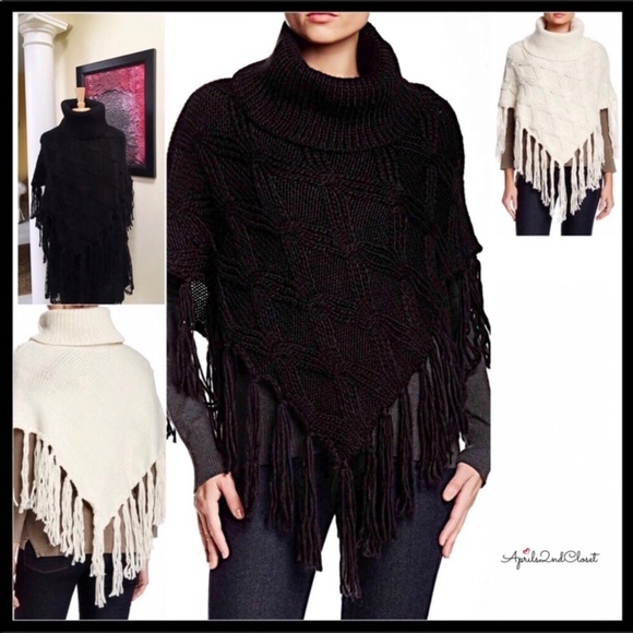 BLACK PONCHO PULLOVER FRINGE CAPE SWEATER A3C - Picture 1 of 7